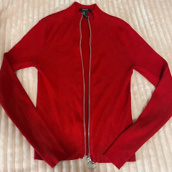 Forever 21 Sweaters - Red Ribbed knit zip up cardigan